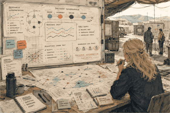 Illustration of a systems reasoning practitioner interpreting readiness conditions, testing assumptions, and evaluating governance considerations to preserve adaptability before commitments harden.