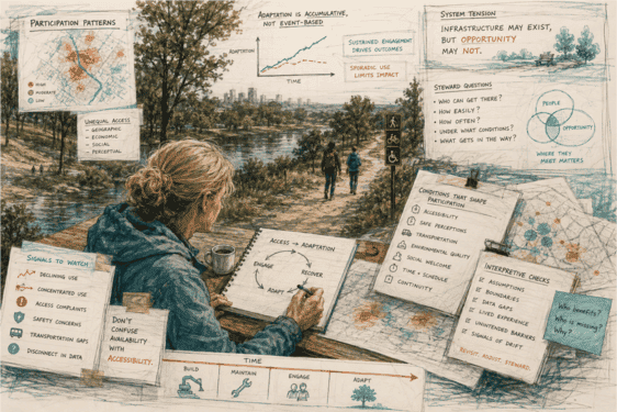 Illustration of a systems reasoning practitioner examining how infrastructure, accessibility, and lived environments influence opportunities for consistent engagement before wellness becomes reactive.