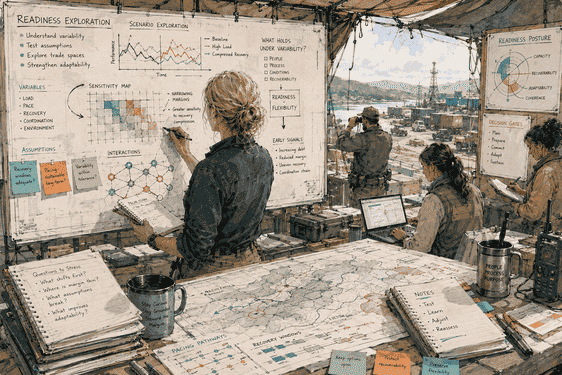 Illustration of a systems reasoning practitioner working with multidisciplinary stakeholders to interpret readiness variability, evaluate early signals, and strengthen shared understanding before performance drift emerges.