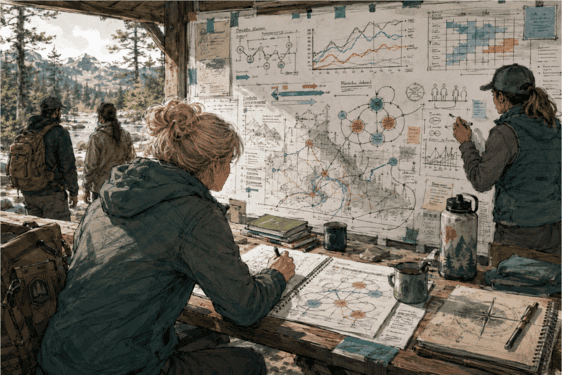 Illustration of a systems reasoning practitioner evaluating investment priorities, resource tradeoffs, and stewardship decisions using evolving recovery evidence before outcome expectations harden.