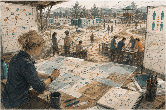 Illustration of a systems reasoning practitioner evaluating workforce readiness by examining how individual readiness variability shapes collective capability and operational resilience.