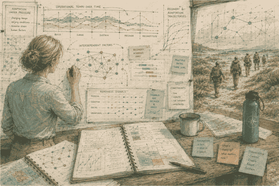 Illustration of a systems reasoning practitioner modeling patterns of engagement, recovery, and adaptation to support stewardship of human performance under changing conditions.