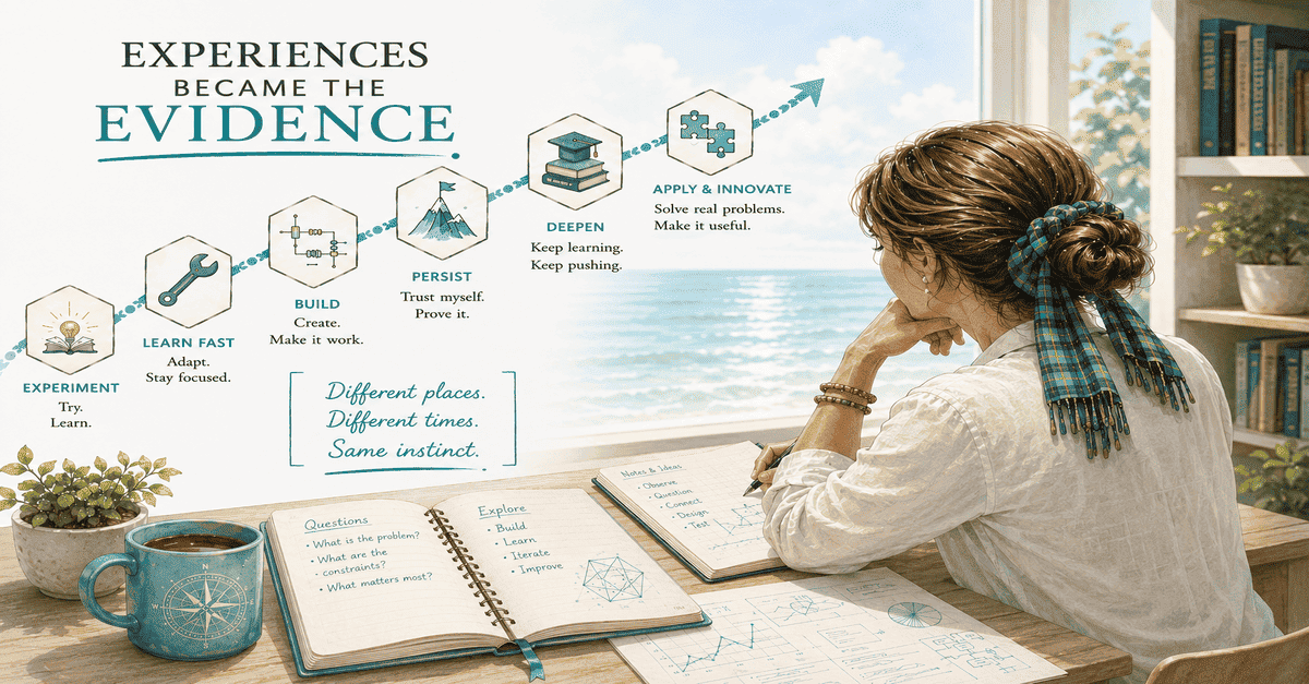 Illustrated woman reflecting at a desk as a pathway traces Experiment, Learn Fast, Build, Persist, Deepen, and Apply & Innovate—different experiences becoming evidence through the same instinct