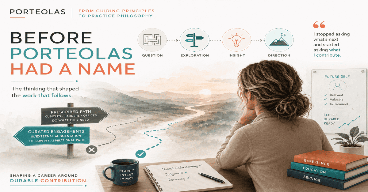 Illustrated woman considering two career paths: a prescribed path and curated engagements, reflecting a shift toward systems reasoning and durable contribution