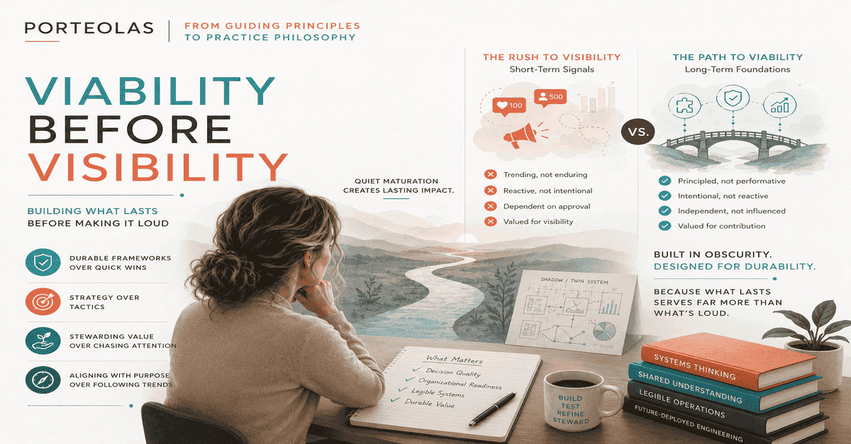 Illustrated woman considering two paths: a rush to visibility driven by short-term signals versus a path to viability built on durable, intentional foundations