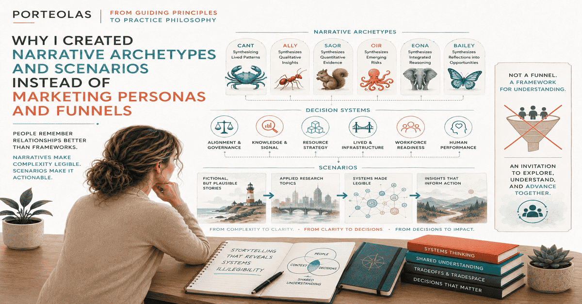 Illustrated framework connecting six narrative archetypes, six decision systems, and applied scenarios as an alternative to a marketing funnel