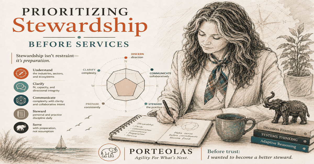 Illustrated woman journaling beside a stewardship cycle of discern, clarify, communicate, steward, and prepare—making the practice ready before serving others
