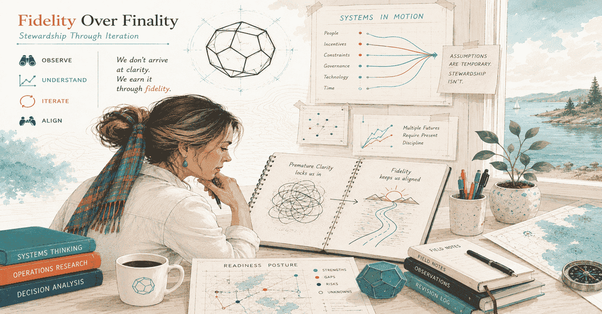 Illustrated woman reviewing evolving systems and field notes, contrasting premature clarity with fidelity through observation, understanding, iteration, and alignment