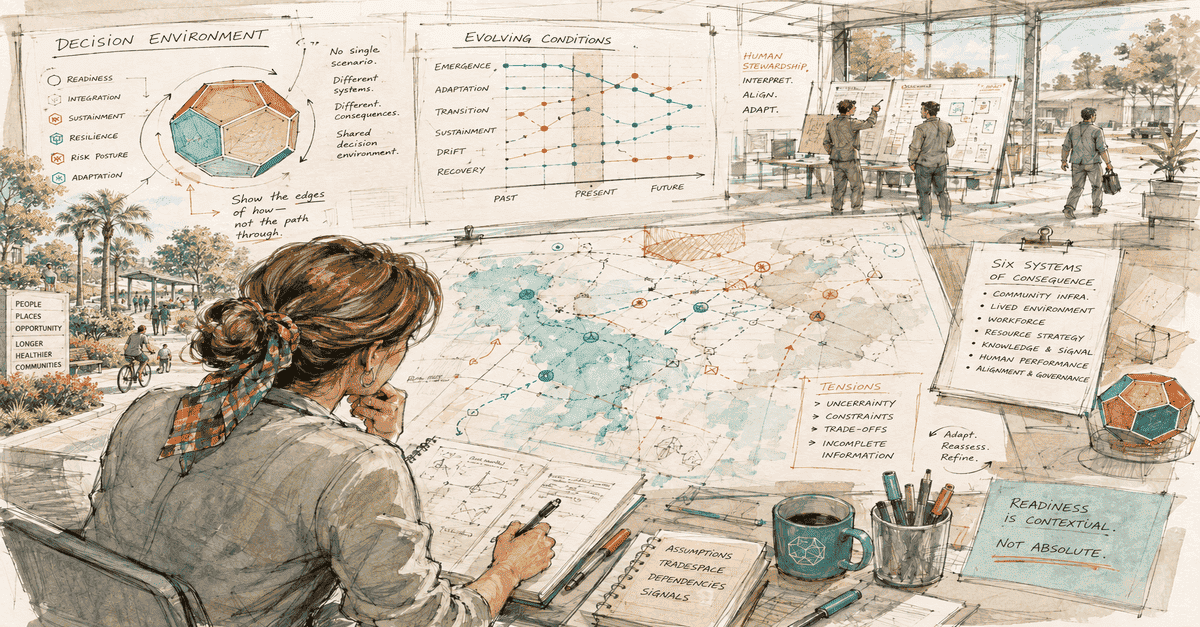 Woman reviewing a mapped decision environment connecting evolving conditions, tradeoffs, readiness, and six interconnected systems of consequence