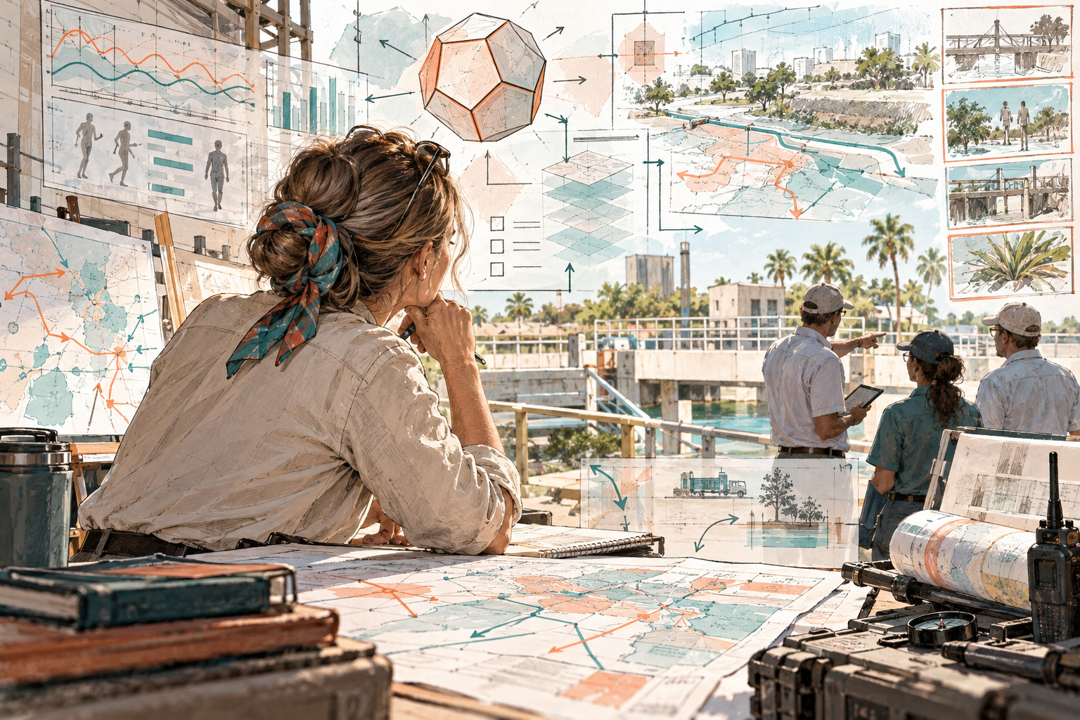 Hand-sketched operational planning scene showing a woman and field team interpreting layered maps, readiness signals, evolving conditions, and branching pathways, with a dodecahedron marking the interconnected decision environment.